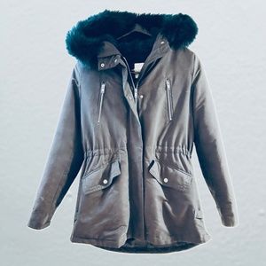 Mango fur-lined navy hooded parka coat